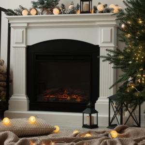 Cozy holiday scene with decorated fireplace and Christmas tree.