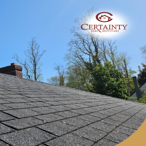Close-up of asphalt shingle roof under clear blue sky, inspected for potential damage