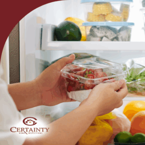 Person placing fresh strawberries in a refrigerator filled with fruits and vegetables.