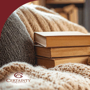 Stack of books on a knitted blanket with a cozy fire burning in the fireplace.