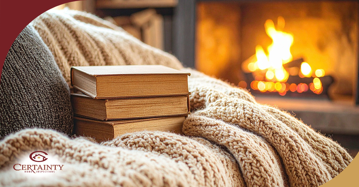 Stack of books on a knitted blanket with a cozy fire burning in the fireplace.