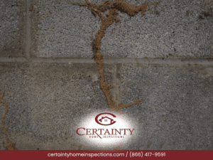 Cracked foundation wall with visible dirt or debris, showing signs of potential moisture or structural issues