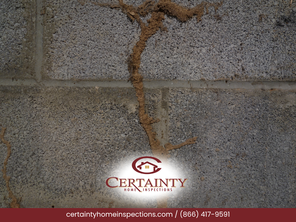 Cracked foundation wall with visible dirt or debris, showing signs of potential moisture or structural issues