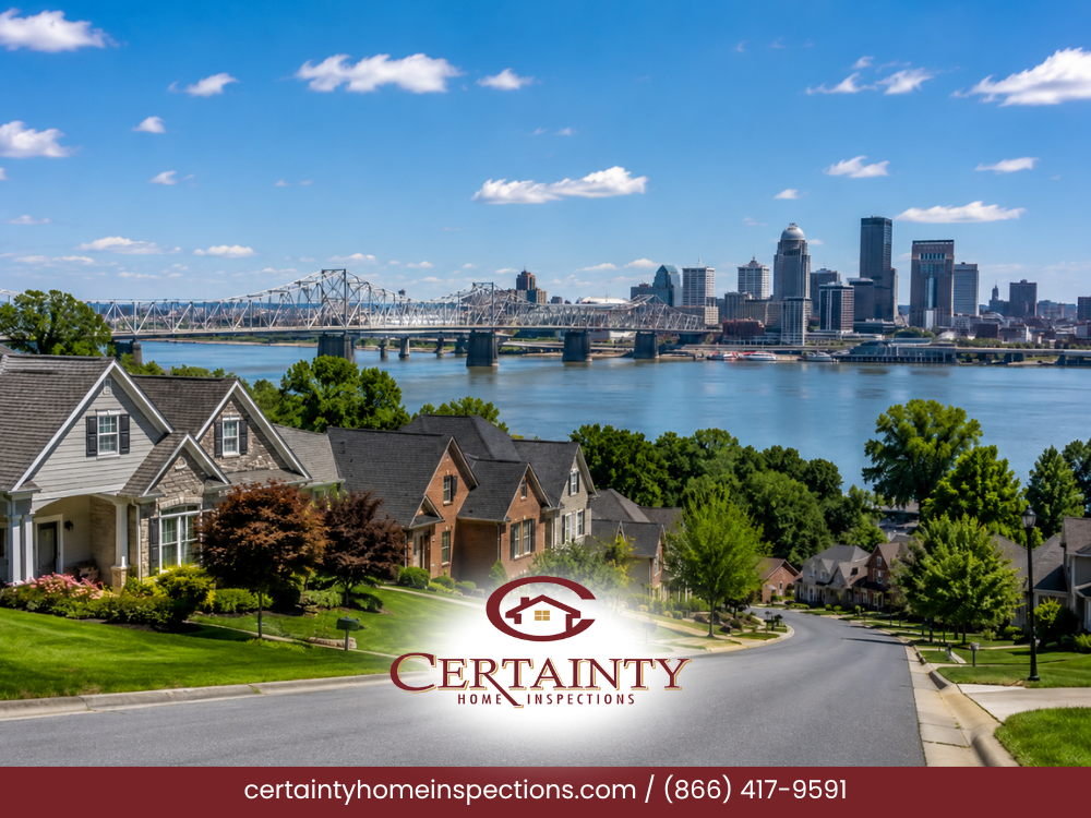 Louisville KY homes and skyline across the Ohio River.