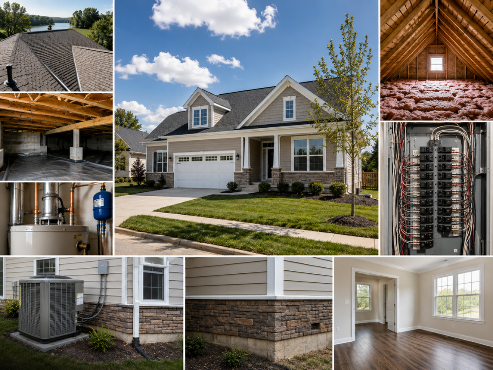 Home inspection collage showing roof, crawl space, attic, HVAC, electrical, foundation, and interior.