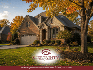 Fall home inspection showing a brick and stone home in autumn.