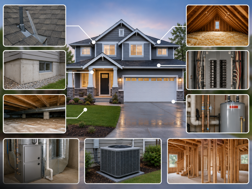Home inspection checklist showing roof, HVAC, electrical, plumbing, and structural systems