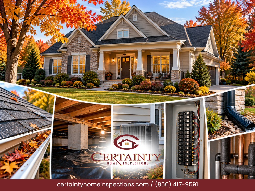 Fall home inspection covering roofing, crawl space, HVAC, electrical, plumbing, and drainage systems.