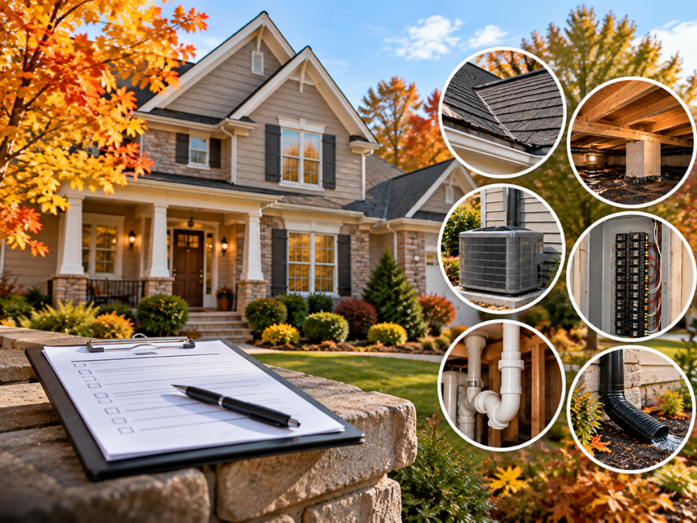 Autumn home inspection checklist featuring roof, crawl space, HVAC, plumbing, electrical, and drainage checks.